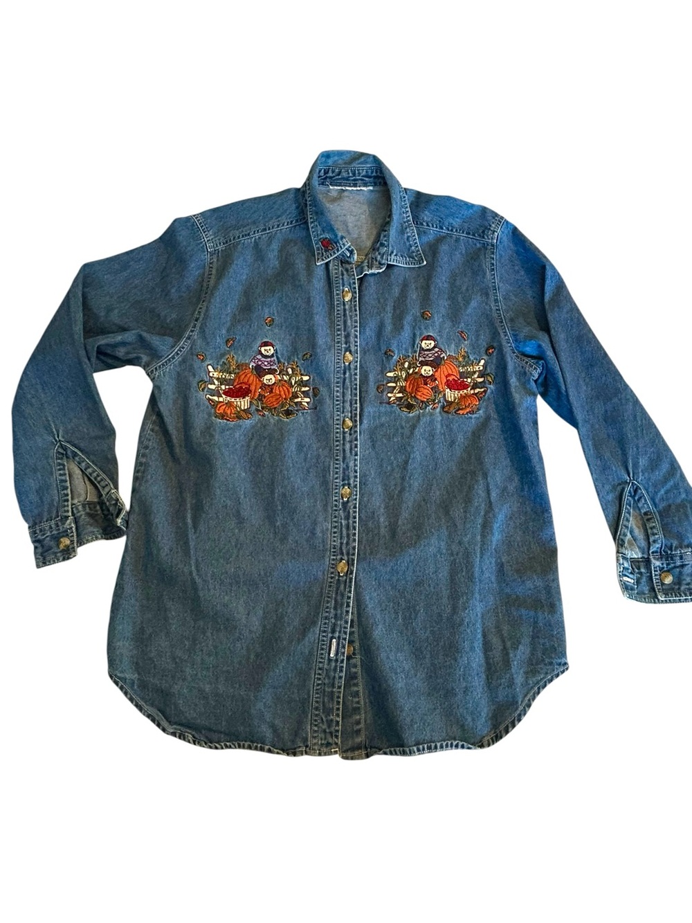 Bobbie Brooks Vintage 90s Embroidered Fall Motif Denim Button-Up Shirt Blue M